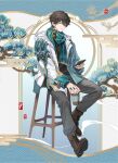  1boy achyue black_hair black_shirt boots brown_boots brown_hair cellphone closed_mouth commentary_request cup dan_heng_(honkai:_star_rail) disposable_cup earrings egasumi full_body grey_pants hair_between_eyes highres holding holding_cup holding_phone honkai:_star_rail honkai_(series) jacket jewelry lace-up_boots long_sleeves looking_at_viewer male_focus open_clothes open_jacket pants phone scarf seigaiha shirt short_hair sitting smartphone solo stool white_jacket 