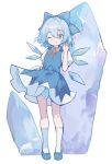  1girl ;) asakura_maru bloomers blue_bow blue_dress blue_hair blue_shoes bow cirno closed_mouth collared_shirt commentary_request double-parted_bangs dress full_body hair_between_eyes hair_bow hand_up highres ice ice_wings kneehighs neck_ribbon one_eye_closed pinafore_dress red_ribbon ribbon shirt shoes short_hair short_sleeves simple_background sleeveless sleeveless_dress smile socks solo standing touhou white_background white_bloomers white_shirt white_socks wings 