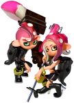  1boy 1girl 3d agent_8_(splatoon) backpack bag black_boots black_pants black_shirt black_skirt boots bracelet closed_mouth crop_top e-liter_4k_(splatoon) expressionless game_model green_eyes gun high_heels holding holding_weapon ink_tank_(splatoon) jewelry long_sleeves looking_afar looking_at_viewer medium_hair midriff miniskirt octobrush_(splatoon) octoling octoling_boy octoling_girl octoling_player_character official_art orange_eyes oversized_object paintbrush pants pencil_skirt pink_hair pompadour rifle shiny_clothes shirt short_hair simple_background single_bare_shoulder single_sleeve skirt sniper_rifle splatoon_(series) splatoon_2 squatting suction_cups tentacle_hair tentacles thigh_strap third-party_source transparent_background undercut weapon 