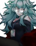  1girl aqua_eyes aqua_hair bare_shoulders black_dress breasts chromatic_aberration commentary_request dr._bubu dress glasses hair_intakes highres id_card korean_commentary lanyard large_breasts long_hair mole mole_on_shoulder natasha_benjamin off-shoulder_dress off_shoulder original round_eyewear smile solo sweater sweater_dress 