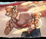  1boy aiden_kiraman_(lust_shards) alt_text animal_ears claws denim energy_sword english_commentary fang fang_out furry furry_male highres jeans lust_shards male_focus necktie pants pawpads pink_shirt pyrel_inscry13 red_necktie shirt smile sword tail tiger_boy tiger_ears tiger_stripes tiger_tail weapon 