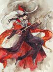  1boy annas_anya banner black_hair cloak closed_mouth commentary easthies_(tongari_boushi_no_atelier) english_commentary frown hat hat_tassel highres holding holding_banner knights_moralis_uniform painting_(medium) solo tongari_boushi_no_atelier traditional_media watercolor_(medium) 