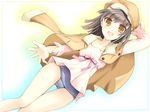  bad_id bad_pixiv_id bakemonogatari blouse brown_eyes brown_hair cabbie_hat dutch_angle gunp hat highres jacket jacket_on_shoulders monogatari_(series) school_swimsuit sengoku_nadeko short_hair solo swimsuit swimsuit_under_clothes thigh_gap 