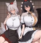  258n 2girls alternate_breast_size_(larger) animal_ears bird_wings black_hair black_ribbon black_skirt black_wings blush breasts closed_mouth collared_shirt detached_sleeves feathered_wings frilled_skirt frills grey_hair hat highres huge_breasts inubashiri_momiji looking_at_viewer medium_hair multiple_girls neck_ribbon pom_pom_(clothes) puffy_short_sleeves puffy_sleeves red_eyes red_hat red_skirt ribbon ribbon-trimmed_skirt ribbon_trim shameimaru_aya shirt short_sleeves shouji sitting skirt sliding_doors smile tail thighs tokin_hat touhou two-tone_skirt white_shirt wings wolf_ears wolf_girl wolf_tail 