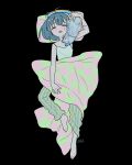  1girl ahoge animal animal_on_shoulder arm_up bare_arms barefoot black_background black_hair blanket camisole cat cat_on_shoulder chromatic_aberration commentary english_commentary facing_viewer full_body glitch highres lying no_nose on_back open_mouth original pants pastel_colors pet pillow short_hair signature sleepwear solo soup_effect spaghetti_strap striped_clothes striped_pants vertical-striped_clothes vertical-striped_pants 