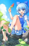  1girl :d absurdres barefoot bloomers blue_bow blue_dress blue_eyes blue_hair blue_sky blush bow bush cirno cloud cloudy_sky collared_shirt commentary_request dress feet food frog fruit hair_bow highres lake legs open_mouth outdoors pinafore_dress popsicle puffy_short_sleeves puffy_sleeves red_ribbon ribbon rock shirt short_dress short_hair short_sleeves sky sleeveless sleeveless_dress smile soaking_feet soles solo ssalyun toes touhou tree v-shaped_eyebrows watermelon watermelon_bar watermelon_slice wet white_bloomers 