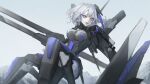  1girl breasts center-flap_bangs commentary_request double-parted_bangs feet_out_of_frame floating gi_ra1 grey_hair hair_ornament headgear highres looking_at_viewer mechanical_arms mechanical_legs mechanical_wings medium_breasts outdoors parted_lips punishing:_gray_raven railgun rosetta:_rigor_(pgr) rosetta_(pgr) short_hair solo wings x_hair_ornament yellow_eyes 