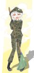  1girl absurdres artist_self-insert black_boots black_gloves boots broom camouflage camouflage_hat camouflage_jacket camouflage_pants full_body gloves hat highres holding holding_broom jacket lace-up_boots long_sleeves medium_hair military_uniform original pants riri_zhepelton_(riri_zpt) riri_zpt shadow solo sweat tearing_up white_hair yellow_eyes 