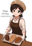  1girl :o apron bread brown_eyes brown_hair commentary_request food girls_und_panzer gloves happy_birthday hat highres holding holding_tray iruma_anna looking_at_viewer shirt short_hair simple_background solo sukusuto5koharu table tray white_background white_gloves white_shirt 
