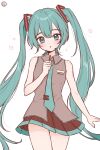  1girl aqua_eyes aqua_hair aqua_necktie arm_tattoo black_skirt blush collared_shirt commentary_request cowboy_shot double-parted_bangs frilled_shirt frilled_shirt_collar frills g_hana grey_shirt hair_between_eyes hatsune_miku highres long_hair looking_at_viewer miniskirt necktie number_tattoo parted_lips pleated_skirt shirt sidelocks signature simple_background skirt sleeveless sleeveless_shirt solo sparkle standing tattoo thighs tie_clip twintails very_long_hair vocaloid white_background 