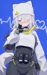  1girl absurdres animal_hat arknights arknights:_endfield beanie black_bodysuit black_gloves blue_background blue_eyes blush bodysuit bodysuit_under_clothes breasts closed_mouth commentary_request estella_(arknights) fingerless_gloves gloves grey_hair grey_hat grey_jacket hair_over_one_eye hand_up hat highres jacket long_sleeves medium_breasts mizu_(lzzrwi603) nose_blush puffy_long_sleeves puffy_sleeves simple_background solo tail 