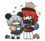  +++ 2girls animal animal_ears animalization arrow_(symbol) barefoot black_dress black_hair black_shirt black_shoes blue_capelet capelet chibi clothes_writing commentary_request crab dress flying_sweatdrops food food_request grey_hair hair_between_eyes hecatia_lapislazuli highres holding holding_food jitome mouse_(animal) mouse_ears mouse_girl mouse_tail multicolored_hair multiple_girls nazrin off-shoulder_shirt off_shoulder open_mouth orange_eyes orange_hair red_eyes red_hair sea_urchin shadow shirt shoes short_eyebrows simple_background small_sweatdrop socks standing streaked_hair sweat tail thick_eyebrows toramaru_shou touhou uni_souchou white_background white_socks 