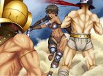  2boys abs armor battle blood breasts brown_eyes brown_hair dark_skin gladiator gladiator_begins gladiatrix helmet highres large_breasts md5_mismatch multiple_boys muscle short_hair shunzou sword thighhighs weapon 