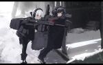  2girls absurdres anti-materiel_rifle commentary english_commentary gun handgun headphones highres leggings maxim_9 military_uniform multiple_girls original renakohii rifle sniper_rifle snowing weapon 