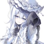  1girl artist_name black_gloves capelet commentary_request dress flower frilled_capelet frilled_sleeves frills gloves hat hat_flower highres long_hair long_sleeves looking_at_viewer mahou_shoujo_no_majo_saiban neck_ribbon pointing pointing_at_viewer ribbon signature simple_background solo spoilers trypan_blue tsukishiro_yuki very_long_hair white_background white_capelet white_dress white_eyes white_hair white_hat wide_sleeves 