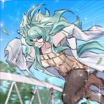  1girl ahoge aqua_eyes aqua_hair black_pantyhose blurry blurry_background boots breasts brown_dress commentary_request dr._bubu dress emphasis_lines glasses hair_intakes high_heel_boots high_heels highres horse_girl korean_commentary large_breasts long_hair natasha_benjamin original pantyhose parody ribbed_dress round_eyewear running sleeves_past_fingers sleeves_past_wrists smile solo sweater sweater_dress umamusume very_long_hair 