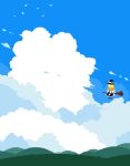  1girl back_bow black_hat black_skirt blonde_hair blue_sky bow broom brown_shoes cloud cloudy_sky commentary facing_away full_body hat hat_bow highres kirisame_marisa long_hair pixel_art ruru2koichi shirt shoes skirt sky solo touhou untranslatable_commentary white_shirt wide_shot witch_hat 