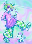  1other absurdres alien antennae arm_behind_back checkered_clothes checkered_pants cow ellie_lotus green_eyes green_hair highres indie_virtual_youtuber looking_at_viewer multicolored_hair pants pink_hair pink_shirt polygon_donut print_shirt second-party_source shirt shoes sneakers star_(symbol) sticker sticker_on_face streetwear tongue tongue_out tv_hair_ornament two-tone_hair two-tone_tongue v 