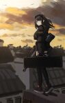  1girl absurdres anti-materiel_rifle armband black_coat black_hair black_thighhighs city cloud cloudy_sky coat evening gepard_gm6_lynx gun headband highres original renakohii rifle sky sniper_rifle thighhighs weapon 