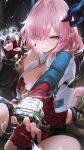  1girl arknights arknights:_endfield black_shorts blue_horns breasts cleavage closed_mouth electricity eyes_visible_through_hair fingerless_gloves gloves hair_over_one_eye highres horns huge_breasts jacket long_hair looking_at_viewer mi_fu_(arknights) mole mole_under_eye multicolored_eyes outstretched_arm pink_hair pointy_ears re0n red_gloves red_shirt shirt shorts solo tail white_jacket 