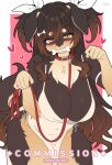  1girl animal_ears between_breasts blush bone_in_mouth breasts brown_hair closed_mouth collar commentary commission dog_ears dog_girl english_commentary furry furry_female gradient_hair hands_up heart highres large_breasts leaning_forward leash long_hair looking_at_viewer mo_(k40633) multicolored_hair original pink_background red_collar simple_background solo tail tearing_up twitter_username yellow_eyes 
