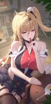  1girl absurdres ahoge bare_shoulders black_skirt blonde_hair breasts brown_thighhighs chalky_(zenless_zone_zero) cissia_(zenless_zone_zero) cleavage collarbone commentary_request cup dagger_(wgue8322) food fruit hair_between_eyes hair_ornament hairclip highres holding holding_food indoors large_breasts long_hair miniskirt open_mouth pink_nails plant plate pom_pom_(clothes) pom_pom_hair_ornament red_eyes skirt snake snake_girl snake_tail solo spoon strawberry tail thighhighs tongue tongue_out white_snake zenless_zone_zero 