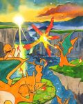  breath_weapon breathing_fire charizard charmander claws cliff closed_mouth cloud commentary cropped dragon dragon_wings english_commentary fangs fire fire_blast_(pokemon) head_rest highres lying mofinngram no_humans on_side open_mouth outdoors painting_(medium) pokemon pokemon_(creature) pokemon_focus pokemon_move sky smile sun traditional_media water watercolor_(medium) wings 
