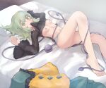  1girl biting biting_clothes breasts buttons clothes_in_mouth clothes_lift commentary_request diamond_button disembodied_linked_eye eyeball frilled_shirt_collar frills green_eyes green_hair green_skirt heart heart_of_string highres karua_m komeiji_koishi lifting_own_clothes long_sleeves looking_at_viewer lying mouth_hold navel nipples no_bra on_back on_bed panties shirt shirt_lift short_hair skirt smile solo toes touhou underwear unworn_clothes unworn_shirt yellow_shirt 