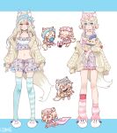  2girls :3 animal_ear_fluff animal_ears animal_hug bare_shoulders blanket blonde_hair blue_background blue_eyes blue_streaks blue_thighhighs blush_stickers bottle cardigan cardigan_partially_removed cherry_print chibi choker closed_eyes closed_mouth commentary_request creature crossed_bangs cucumber cucumber_slice dog_ears dog_girl dog_tail food_print fruit_print fuwawa_abyssgard hair_between_eyes highres holding holding_creature hololive hololive_english leg_warmers long_hair looking_at_viewer medium_hair mococo_abyssgard multicolored_hair multiple_girls multiple_views navel open_mouth pajamas perroccino_(fuwamoco) pince-nez pink_choker pink_eyes pink_leg_warmers pink_pajamas pink_streaks ruffian_(fuwamoco) sakeno2nd siblings simple_background sisters sitting sleep_mask slippers smile socks standing streaked_hair striped_clothes striped_leg_warmers striped_socks striped_thighhighs sunglasses tail thighhighs tongue tongue_out towel towel_on_head twins two-tone_background virtual_youtuber white_background white_cardigan white_choker yawning 