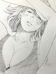  1girl armpits arms_up blush breasts cleavage closed_eyes commentary_request greyscale highres large_breasts monochrome original parted_lips pen_(medium) photo_(medium) short_hair solo sports_bra traditional_media upper_body yoshimizm 