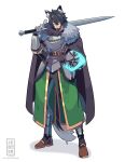  1boy animal_ear_fluff animal_ears armor beard black_boots black_hair black_pants boots breastplate commentary commission english_commentary facial_hair full_body green_eyes hair_between_eyes helm helmet highres holding holding_sword holding_weapon jesternalagon male_focus original over_shoulder pants shadow simple_background smile solo standing sword tail thick_eyebrows unworn_headwear unworn_helmet v-shaped_eyebrows watermark weapon weapon_over_shoulder white_background 
