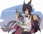  1boy animal_ears arknights black_bow black_bowtie black_hair black_jacket blue_background bouquet bow bowtie collared_shirt ebenholz_(arknights) ebenholz_(eine_variation)_(arknights) english_text epaulettes flower frown funeya_lseb goat_boy goat_ears goat_horns hand_up happy_birthday highres holding holding_bouquet horns jacket jacket_on_shoulders long_hair looking_at_viewer male_focus official_alternate_costume purple_eyes purple_flower shirt simple_background solo upper_body white_background white_flower white_shirt 