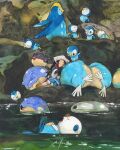  :3 akari_(pokemon) black_hair blue_eyes closed_eyes closed_mouth commentary fangs galaxy_team_survey_corps_uniform headscarf highres hisuian_qwilfish hisuian_sliggoo long_hair lying mofinngram on_side open_mouth oshawott outdoors painting_(medium) pokemon pokemon_(creature) pokemon_legends:_arceus prinplup signature sleeping smile spheal spikes traditional_media untranslatable_commentary water watercolor_(medium) white_headscarf 
