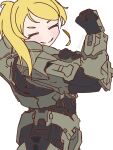  1girl armor artist_name black_bodysuit blonde_hair bodysuit character_request clenched_hand closed_eyes closed_mouth copyright_request facing_viewer from_side green_armor hand_on_own_arm hand_up highres light_blush long_hair non-web_source ponytail self-upload simple_background smile solo source_request white_background 