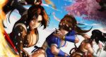  3girls absurdres artist_name black_hair black_jacket blue_sky breasts brown_hair cherry_blossoms cleavage clothing_cutout commentary commission cropped_jacket dated dead_or_alive detached_sleeves english_commentary fatal_fury garou:_mark_of_the_wolves hair_over_one_eye hand_fan high_ponytail highres holding holding_fan holding_sword holding_weapon jacket japanese_clothes kasumi_(doa) looking_at_viewer momiji_(ninja_gaiden) multiple_girls ninja ninja_gaiden pelvic_curtain ponytail raydash30 shiranui_mai sky smile street_fighter street_fighter_6 sword weapon 