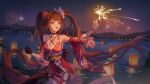  1girl absurdres arm_up bare_shoulders bell black_choker black_gloves black_hair breasts brown_hair choker cleavage commentary_request cowboy_shot criss-cross_halter detached_sleeves dress fireworks fox_mask gloves halterneck hand_up highres holding holding_fireworks honkai:_star_rail honkai_(series) japanese_clothes lantern long_hair looking_at_object mask mask_on_head mountain neck_bell night ocean open_mouth paper_lantern pink_eyes red_dress red_sleeves single_glove sky smile solo sparkle_(honkai:_star_rail) twintails water yaoyao_ryty 