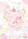  cherry cleffa color_connection commentary cookie cupcake desert digimon digimon_(creature) food fork fruit highres ice_cream jigglypuff kirby kirby_(series) mew_(pokemon) mochimon my_melody my_melody_(series) pink_theme pocky pokemon pokemon_(creature) sanrio spoon star_(symbol) strawberry summernight_12 tokomon untranslatable_commentary wafer 