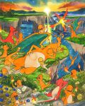  alternate_color arms_behind_head berry_(pokemon) breath_weapon breathing_fire bush charizard charmander charmeleon claws cliff closed_eyes closed_mouth cloud commentary dragon dragon_wings eating egg english_commentary evolutionary_line fangs fire fire_blast_(pokemon) flame-tipped_tail flying food fruit grass head_rest highres holding holding_food holding_fruit lying making-of_available mofinngram nest no_humans nostrils on_side one_eye_closed open_mouth oran_berry outdoors painting_(medium) pinap_berry pointing pokemon pokemon_(creature) pokemon_egg pokemon_focus pokemon_move rock shiny_and_normal shiny_pokemon signature sky smile sun tail traditional_media water watercolor_(medium) wings 