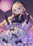  1girl abigail_williams_(event_portrait)_(fate) abigail_williams_(fate) beret black_gloves black_hat black_shirt blonde_hair blue_eyes blush bodystocking bow braid braided_ponytail breasts commentary_request dress fate/grand_order fate_(series) forehead gloves grey_dress hat keyhole lantern long_hair long_sleeves looking_at_viewer off-shoulder_dress off_shoulder open_mouth paper_lantern parted_bangs ryofuhiko shirt small_breasts smile solo 