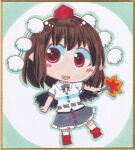  1girl :d black_bow black_bowtie black_skirt blush_stickers border bow bowtie brown_hair buttons chibi chibi_only collared_shirt commentary_request frilled_skirt frills full_body geta green_border green_outline hand_fan hat hauchiwa highres holding holding_fan looking_at_viewer matty_(zuwzi) open_mouth outline pointy_ears pom_pom_(clothes) red_eyes red_hat red_shoes round_border shameimaru_aya shikishi shirt shoes short_hair short_sleeves simple_background skirt smile socks solo standing tengu-geta tokin_hat touhou traditional_media white_background white_shirt white_socks 