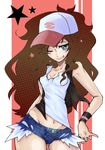  ;p bahun_uni baseball_cap blue_eyes brown_hair cutoffs denim denim_shorts exposed_pocket hat highres midriff navel one_eye_closed pocket pokemon pokemon_(game) pokemon_bw ponytail short_shorts shorts smile solo star tongue tongue_out touko_(pokemon) vest wristband 