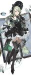  1girl :o absurdres arknights bang_dream! bang_dream!_it's_mygo!!!!! black_bonnet black_dress black_gloves black_shoes black_thighhighs bonnet chinese_commentary commentary_request dress flower full_body gloves gothic_lolita green_hair hand_up highres incredibly_absurdres juliet_sleeves leg_up lolita_fashion long_hair long_sleeves looking_at_viewer naiping_kele open_box puffy_sleeves shoes short_dress solo sparkle_earrings stuffed_toy thighhighs wakaba_mutsumi wakaba_mutsumi_(marionette's_id) white_background white_flower yellow_eyes 