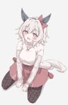  1girl animal_ears black_hairband blush bow breasts commentary curren_chan_(casual)_(umamusume) curren_chan_(umamusume) ear_bow ear_covers fishnet_pantyhose fishnets grey_hair hairband heart heart_necklace highres horse_ears horse_girl horse_tail jewelry long_sleeves looking_at_viewer necklace open_mouth pantyhose purple_eyes red_bow red_shoes red_skirt see-through_clothes see-through_sleeves shirt shoes short_hair sitting skirt smile solo sweater tail tofu_thunder umamusume wariza white_sweater 