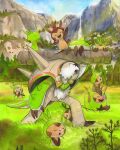  alternate_color blue_sky carrying chesnaught chespin claws closed_eyes commentary day english_commentary evolutionary_line grass highres log making-of_available mofinngram no_humans open_mouth outdoors painting_(medium) plant pokemon pokemon_(creature) pokemon_focus quilladin shiny_and_normal shiny_pokemon sky smile spikes traditional_media tree watercolor_(medium) 
