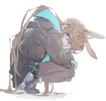  1girl amiya_(arknights) animal_ears arknights black_jacket black_pantyhose black_shoes blue_eyes brown_hair from_side full_body hair_between_eyes hamha_s hood hood_down hooded_jacket jacket leaning_forward long_hair long_sleeves looking_at_viewer pantyhose ponytail rabbit_ears rabbit_girl shoes simple_background solo squatting white_background 