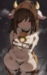  1girl absurdres animal_ears animal_print bare_shoulders bell bikini blush breasts brown_eyes brown_hair collar collarbone cow_ears cow_horns cow_print cow_print_bikini cow_print_thighhighs cow_tail cowbell deko_morii elbow_gloves eyepatch_bikini gloves highres horns long_hair looking_at_viewer monogatari_(series) navel neck_bell print_bikini print_thighhighs sengoku_nadeko small_breasts solo swimsuit tail thighhighs thighs white_bikini white_gloves white_thighhighs wide_hips 