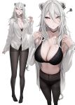 1girl :o absurdres ahoge alternate_costume animal_ear_piercing animal_ears bare_shoulders black_bra black_choker black_nails black_pantyhose blush bra bra_peek breasts button_gap choker claw_pose cleavage closed_mouth collared_shirt commentary dress_shirt fingernails full_body grey_eyes grey_hair gusset hair_between_eyes highres hololive jewelry large_breasts lion_ears lion_girl lion_tail lips long_hair long_hair_between_eyes long_sleeves looking_at_viewer messy_hair multiple_views nail_polish navel_peek necklace no_pants no_shoes open_clothes open_mouth open_shirt panties panties_under_pantyhose pantyhose shirt shishiro_botan simple_background squiggle standing stomach tail thighband_pantyhose underwear untranslatable_commentary virtual_youtuber wanne white_background white_shirt 