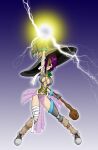  absurdres arm_behind_back armpits bandaged_arm bandaged_leg bandages bikini black_bikini black_gloves black_leotard black_mage_(final_fantasy) boots breasts cape corset electricity energy_ball fighting_stance gloves gradient_background green_cape hair_over_one_eye hand_up highres holding holding_staff jago_dibuja knee_pads large_breasts large_hat leotard looking_at_viewer navel original pelvic_curtain purple_background purple_hair red_eyes see-through_clothes short_hair sleeveless staff swimsuit turtleneck yellow_corset 