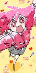  +_+ 1girl :d aeppeulp ahoge black_shoes blush broken_heart commentary_request drill_hair from_above grey_skirt heart highres jacket kankei_garu_(voicepeak) kasane_teto looking_at_viewer medium_hair musical_note necktie pink_hair pink_jacket pink_necktie shirt shoes skirt smear_frame smile socks solo twin_drills utau voicepeak white_shirt white_socks yellow_background zzz 