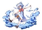  1girl :d absurdres ahoge bilingual_commentary bloomers blue_bow blue_dress blue_eyes blue_hair bow bowtie brown_shoes chinese_commentary cirno collared_shirt commentary_request crossed_bangs double-parted_bangs dress full_body hair_bow highres ice ice_wings looking_at_viewer mixed-language_commentary open_mouth outstretched_arms pinafore_dress rebesu red_bow red_bowtie shirt shoes short_hair short_sleeves simple_background sleeveless sleeveless_dress smile socks solo spread_arms touhou white_background white_bloomers white_shirt white_socks wings 